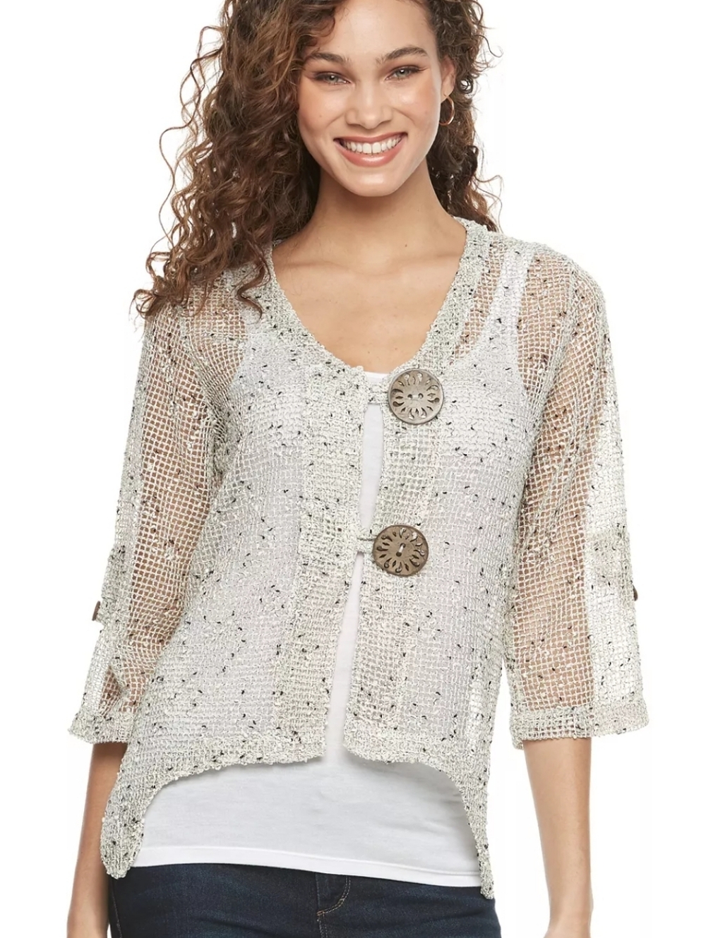 Katie Todd Tan & Brown Sheer w/ Large Wooden Buttons - Bohemian Artsy Coverup L